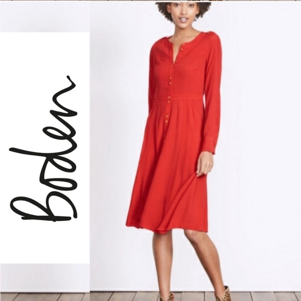 Boden Red Dress with Gold Buttons Pockets 8P